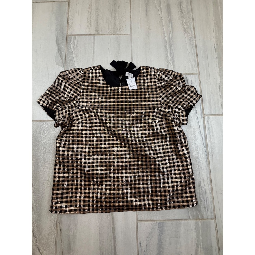 J.Crew Metallic Gingham Puff‎ Sleeve Tie Back Top Gold Black BM018 Mens L